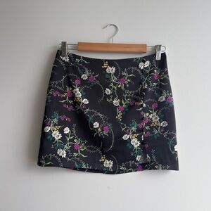 Mid Rise Black Satin Floral Mini Skirt